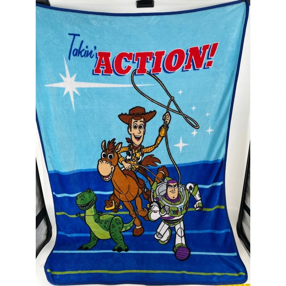 Disney Toy Story Blanket Kids OS Blue Excellent Takin Action Woody Buzz Rex